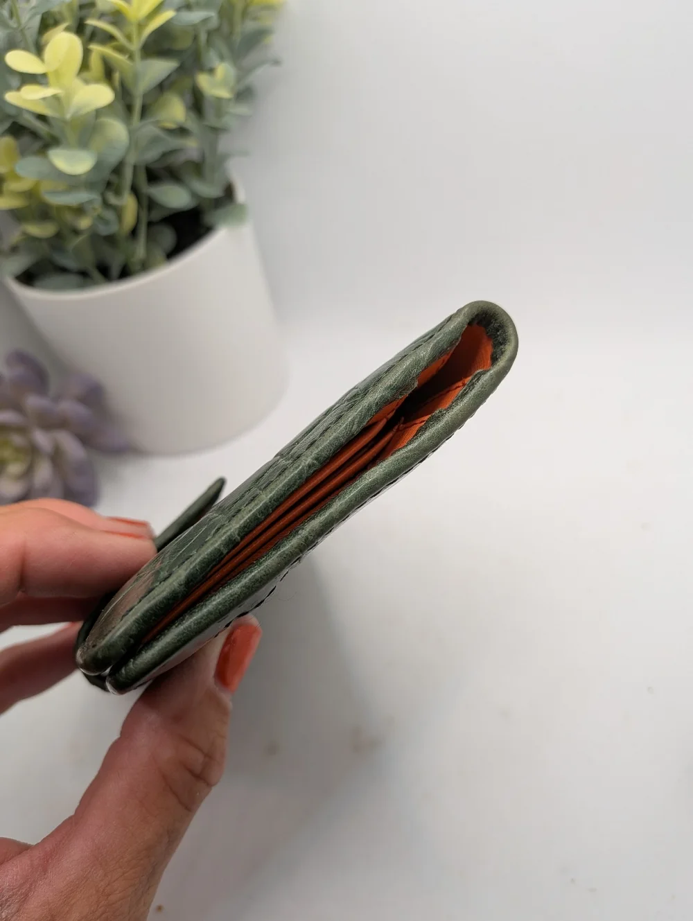 Fossil Green Croc Embossed Leather Slim Tab Wallet - Coral/ Orange Interior - Picture 3 of 7